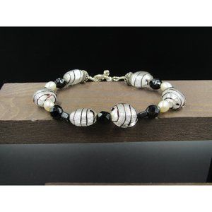 8" Sterling Silver Zebra Glass And Real Pearl Accents Bracelet Vintage Elegant